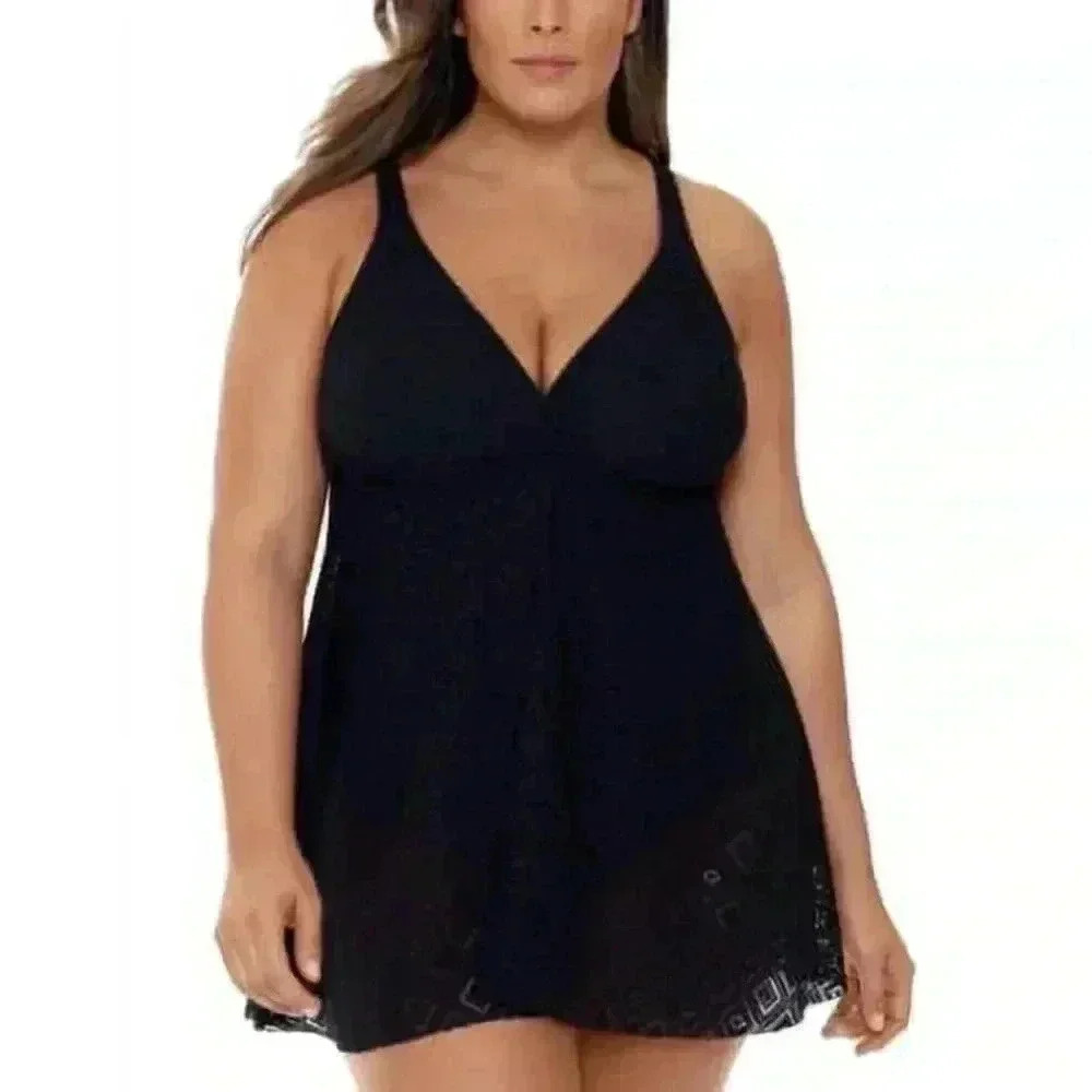 NWT Swim Solutions CROCHET BLACK Flyaway Tummy Control Swimdress Macys size 14